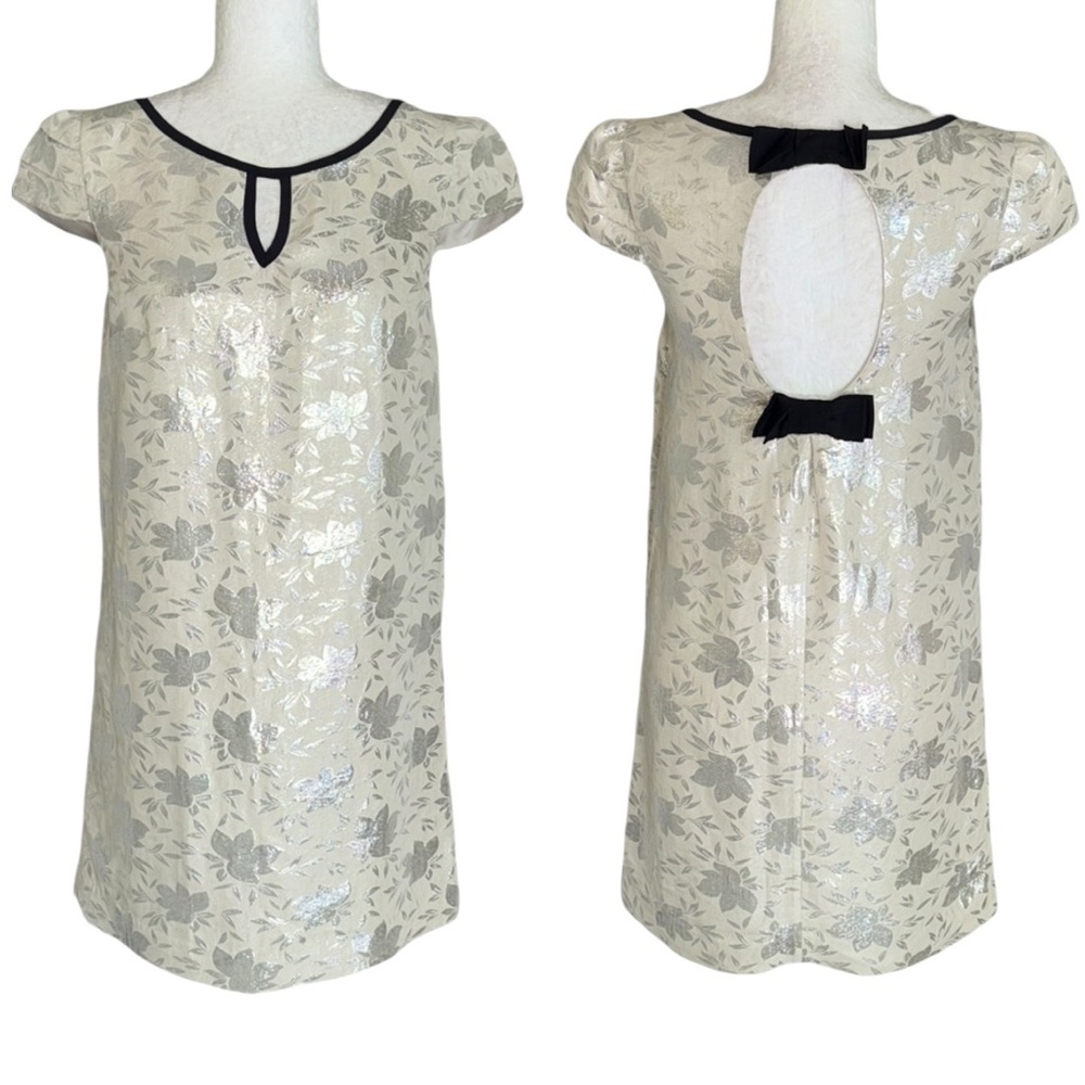 Tibi Silk Ivory Metallic Silver Jacquard Cutout Bow Detail Shift Mini Dress - 2